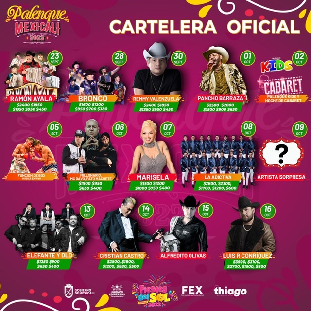 Anuncia gobierno de Mexicali cartelera oficial del palenque Fiestas del