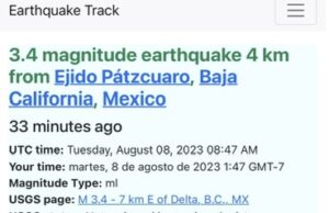 SE REGISTRA SISMO DE 3.4 GRADOS CON EPICENTRO EN EJIDO PÁTZCUARO, VALLE DE MEXICALI