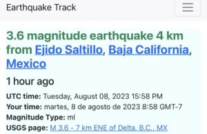 VUELVE A TEMBLAR EN EL VALLE DE MEXICALI, CON MAGNITUD DE 3.6