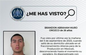 SE SOLICITA APOYO PARA LOCALIZAR A BRANDON ABRAHAM MURO OROZCO